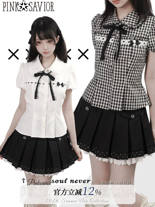 【Rose Poetry Collection】 Holiday Waist-Defining Black-and-White Color-Block Polka Dot Lace Hem Skirt, Korean Style for a Slimming Look