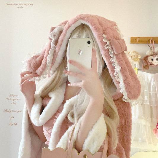Kawaii Rabbit Ear Hooded Cape Coat | Fluffy Bow Detail Winter Jacket for Women