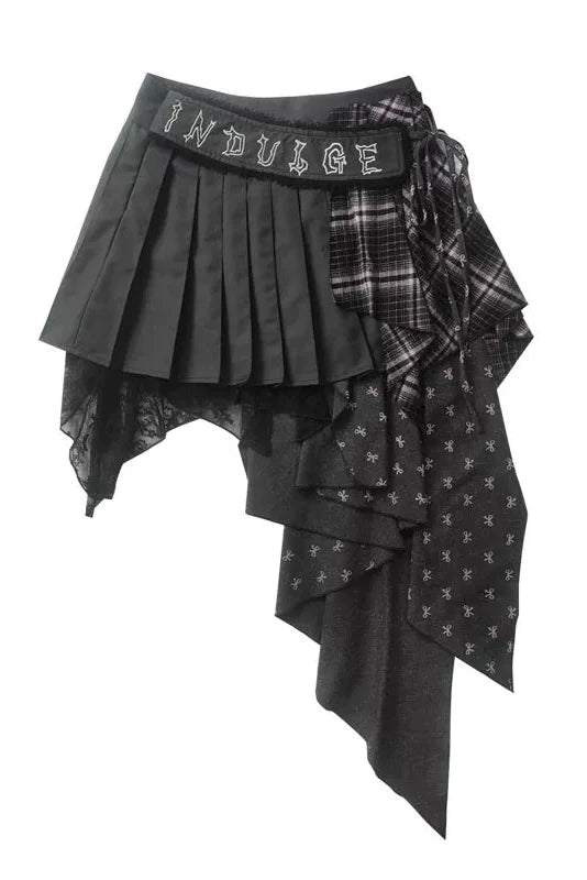 Check Patchwork Asymmetrical Skirt Dark Gray