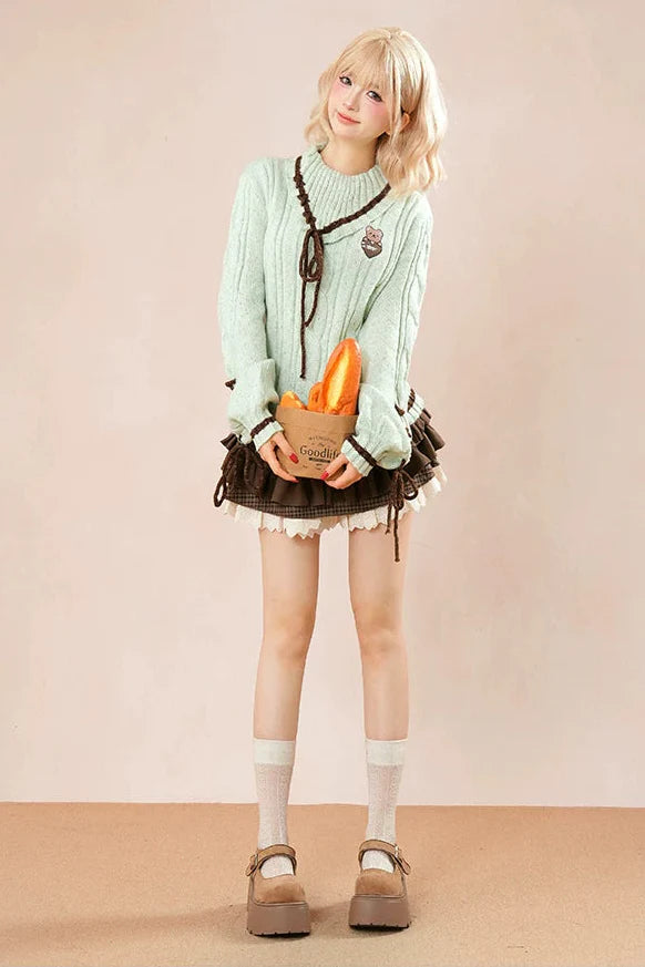 Green Bow Knit Sweater Set