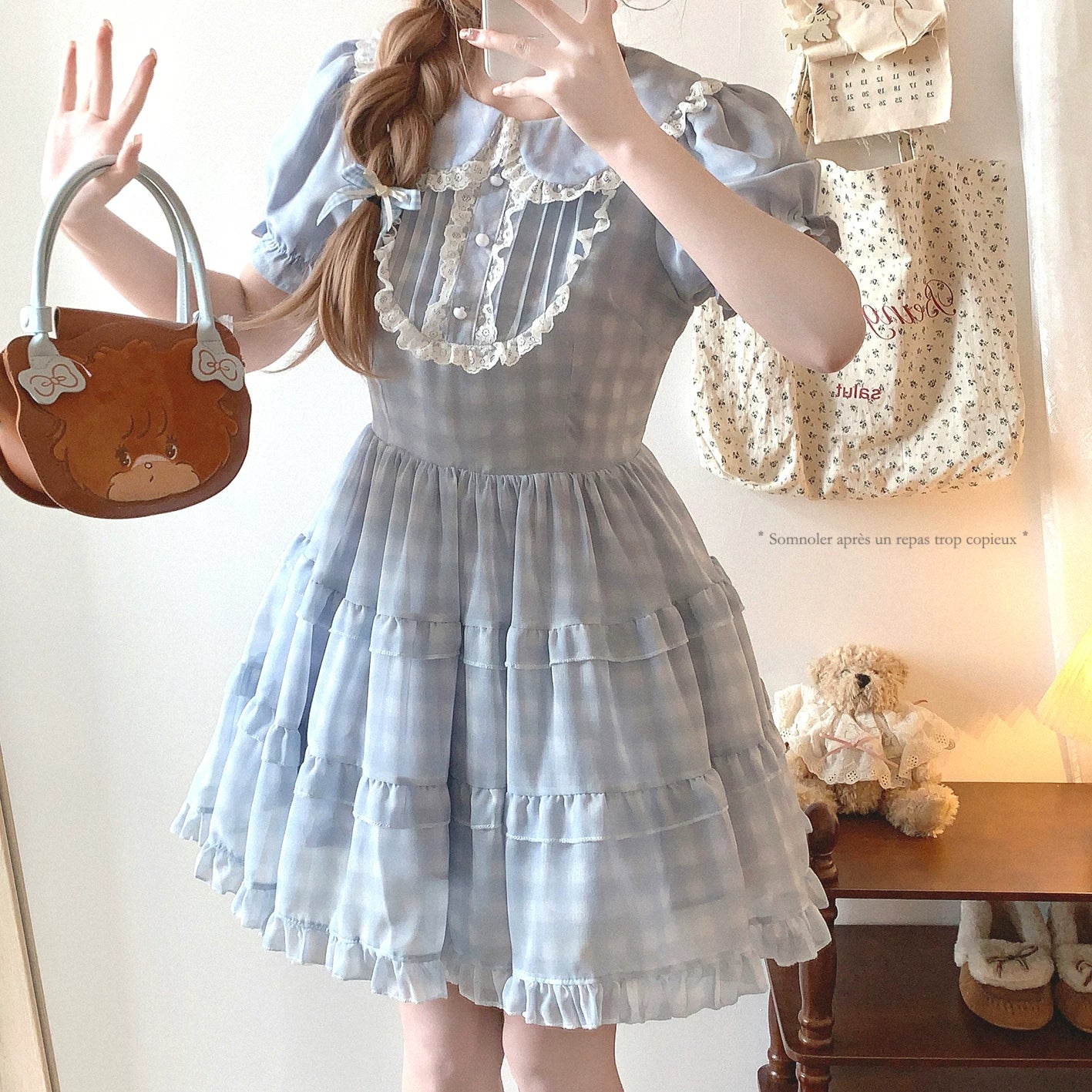 sleepingdoll Handmade Cute Lace Peter Pan Collar Doll-Style Cake Dress Plaid Bubble Sleeves