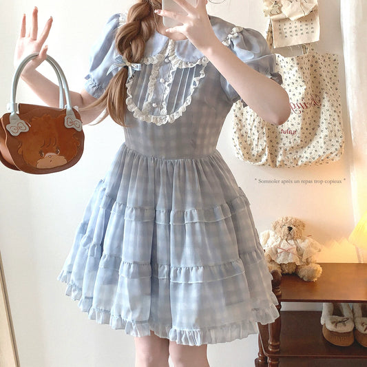 sleepingdoll Handmade Cute Lace Peter Pan Collar Doll-Style Cake Dress Plaid Bubble Sleeves