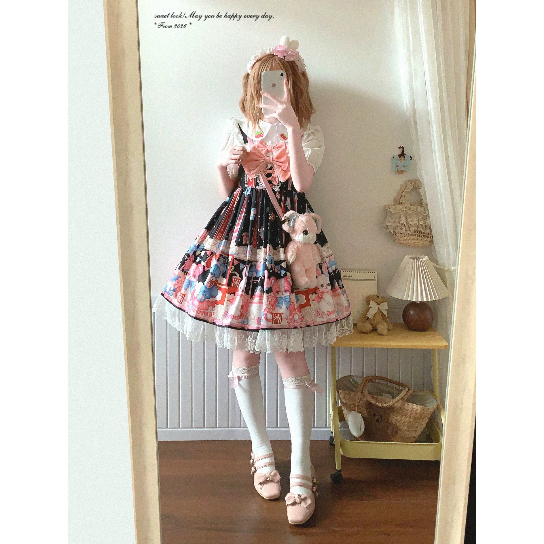 Last-Call BTSN Adorable Popcorn Bear & Bunny Print Patchwork Lace Bow Lolita Dress *f