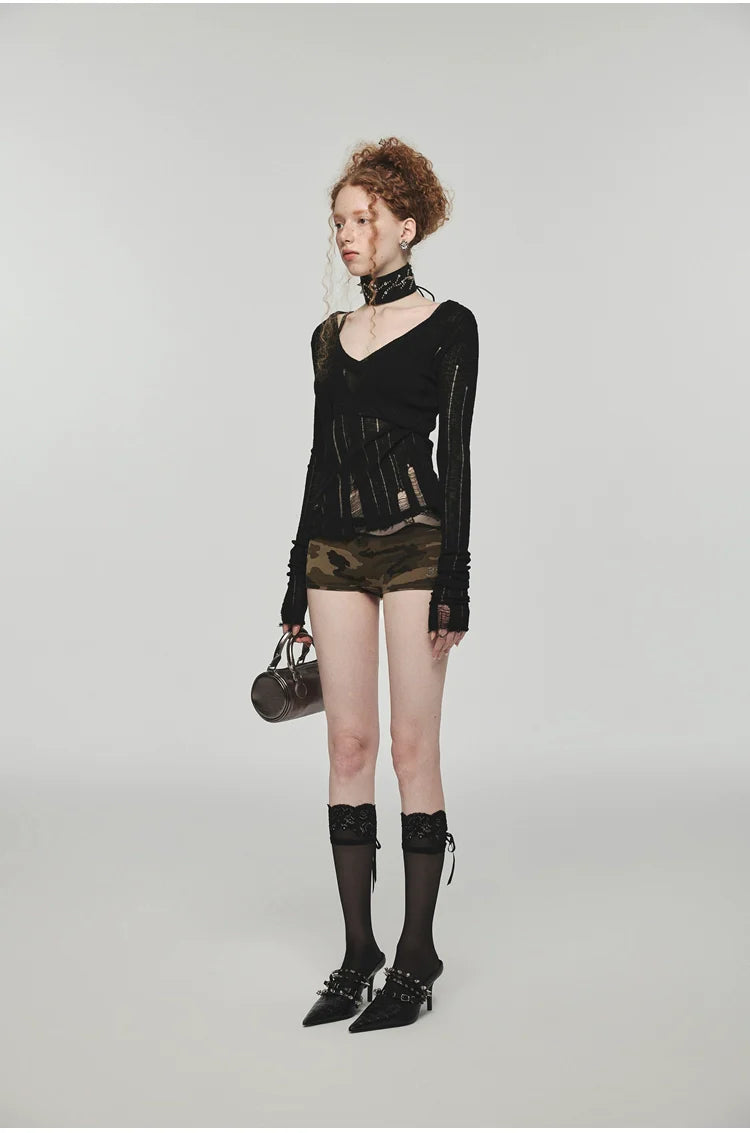 Hollow-Out V-Neck Thin Cardigan With Distressed Waist Knit Top