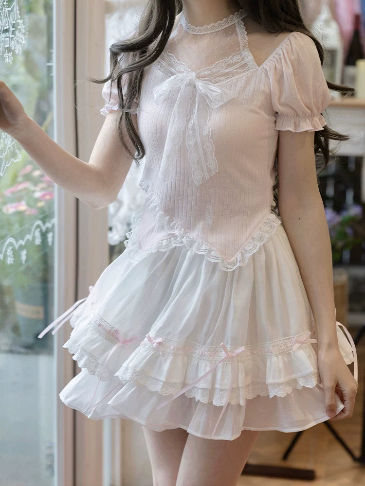 LaLa Sauce Sweet Tide Original Design Cute Soft Girl Outfit—Sweet & Adorable Top and Short Skirt Two-Piece Set, New for Summer