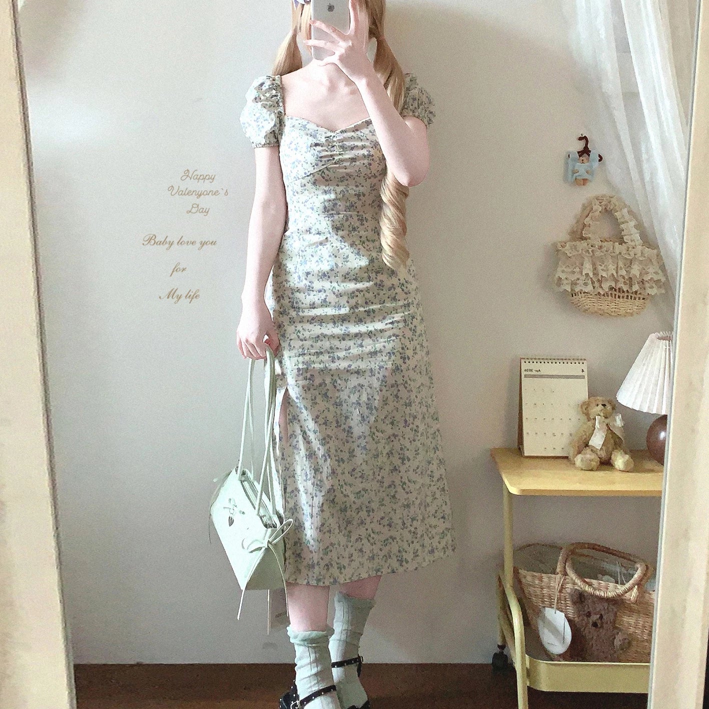Last-Call Stock: Soft Fabric YGBy French Square Neck Floral Dress—Gentle, Elegant &amp; Vintage Puff Sleeves*