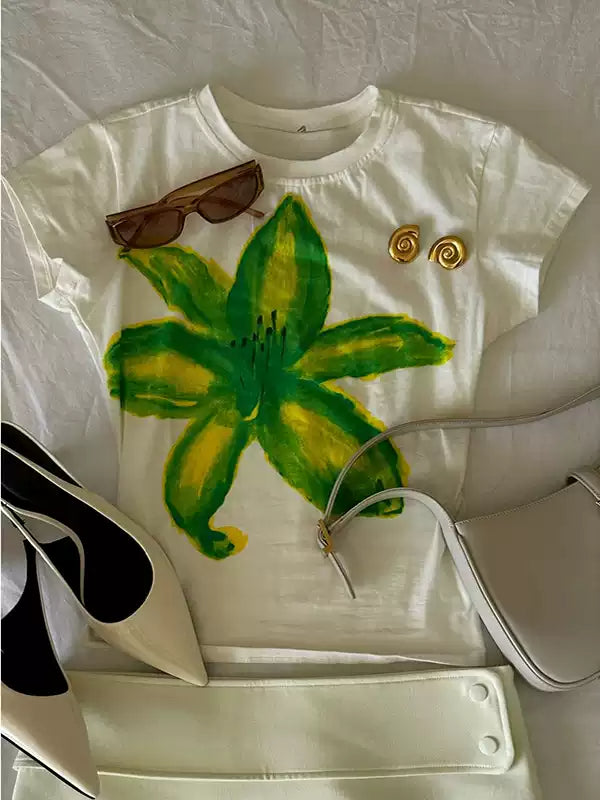 watercolor flower print round neck T-shirt