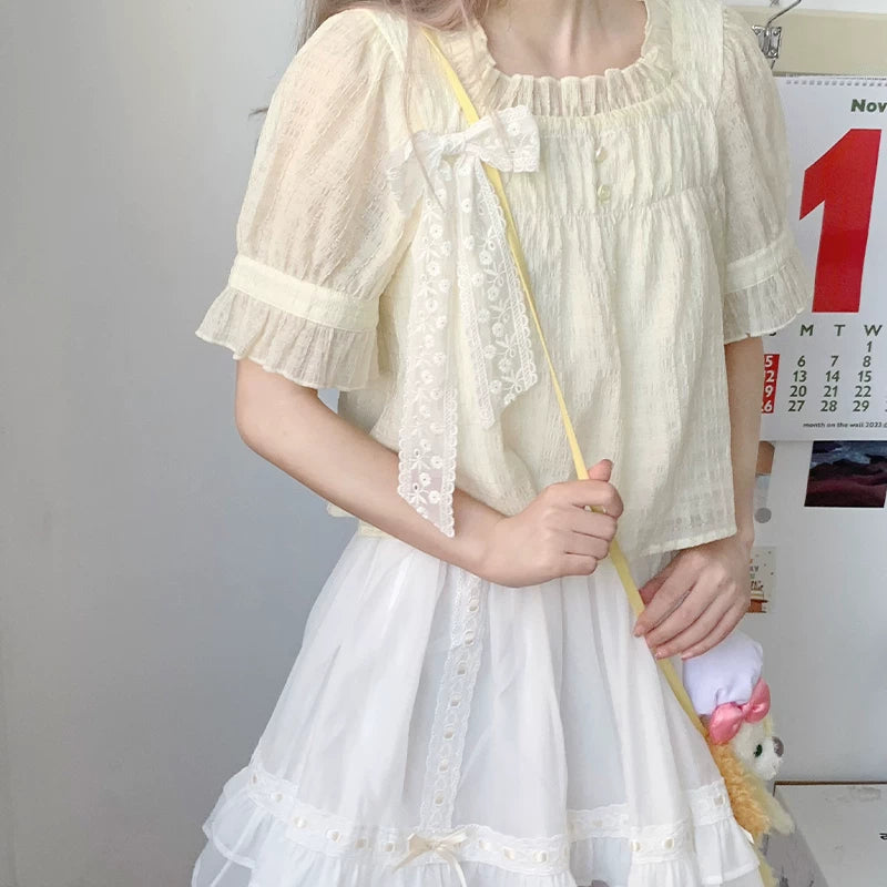 Lala Sauce Milk Flavor Original Design Blue Lightweight Chiffon Overlay Top & White “Cake Skirt” Dress Set