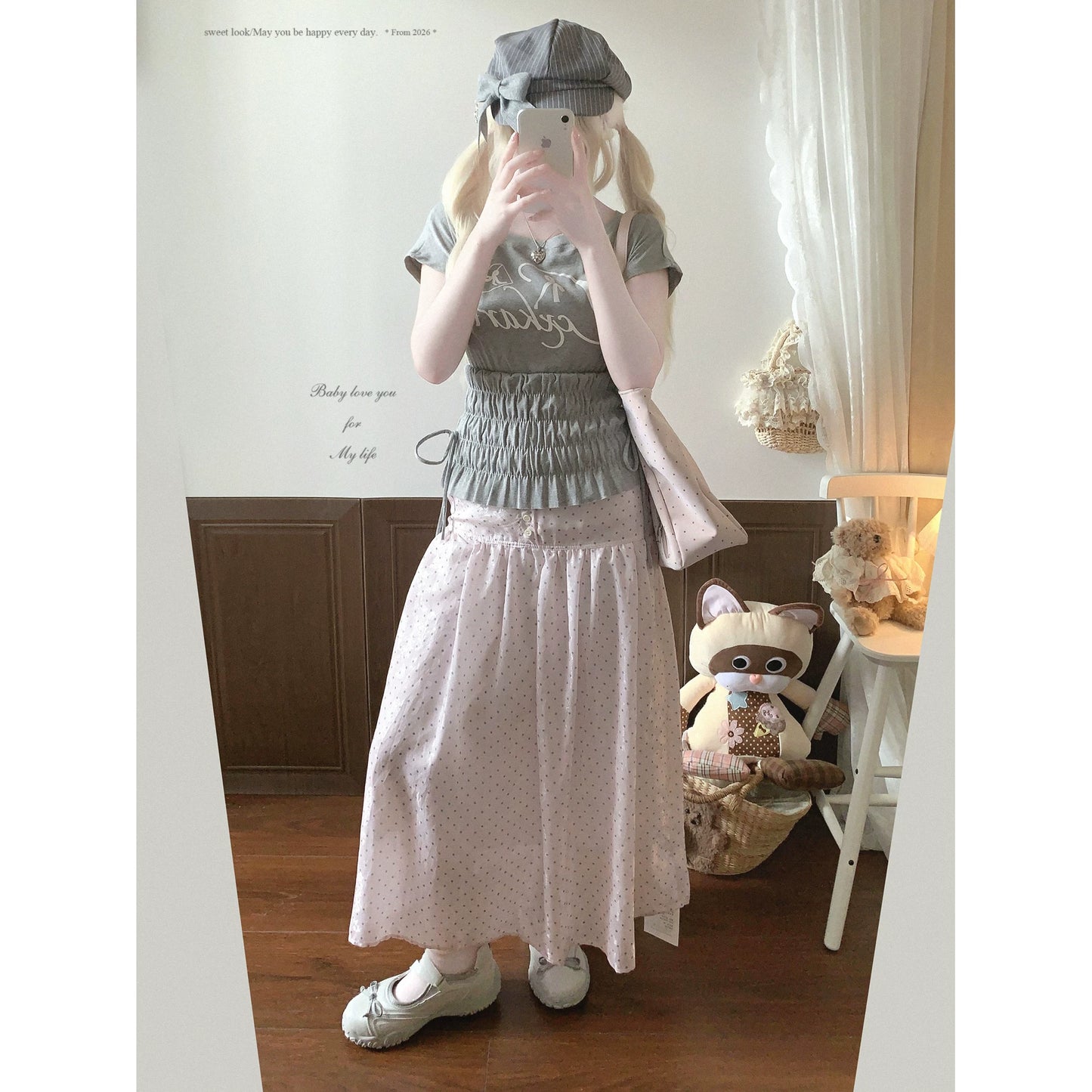 Final Stock Gray-Pink French Polka Dot High-Waist Single-Breasted Peplum Skirt with Sheeny Texture Jacquard Pattern