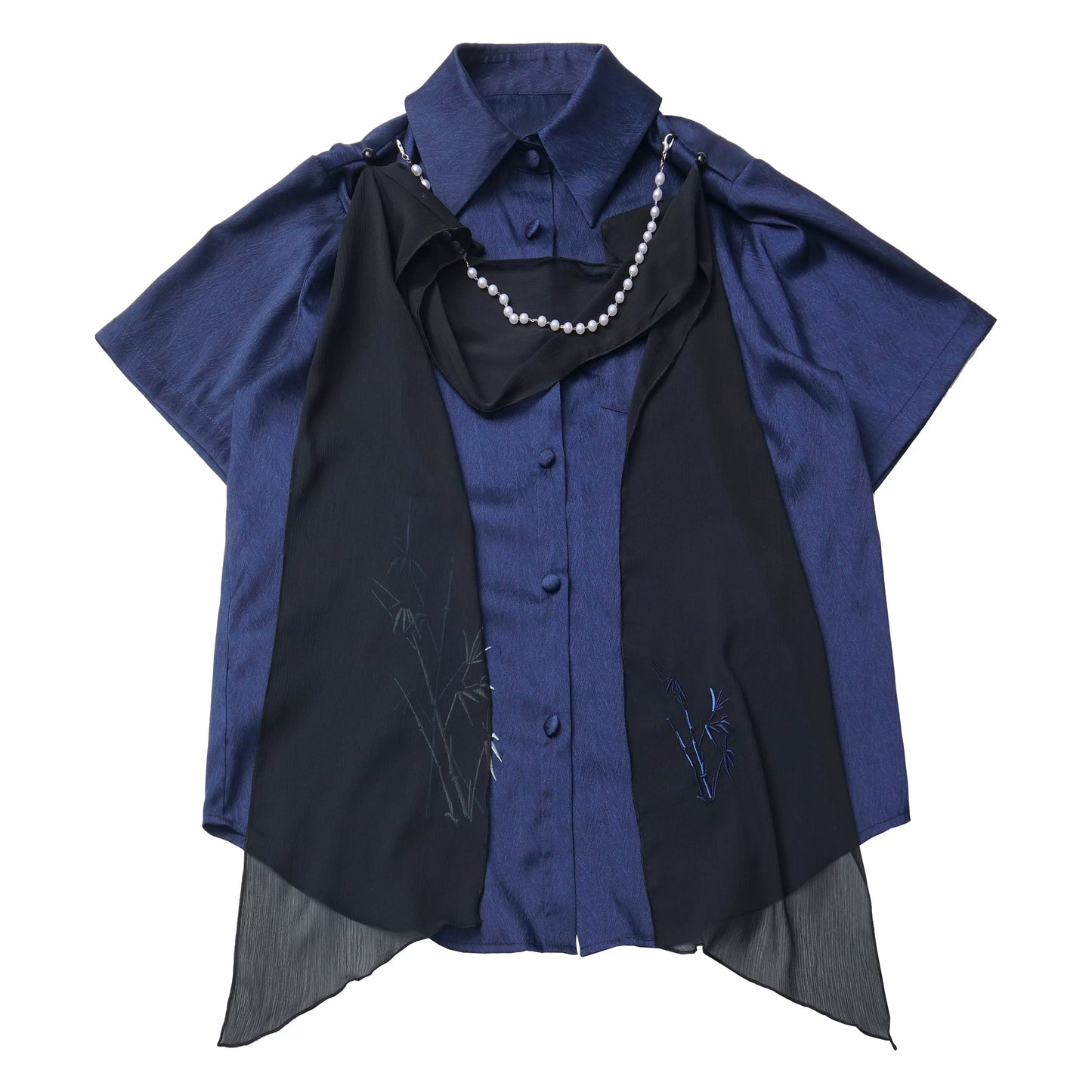 In-Stock Ready to Ship “Han Jian Bamboo Shadow” New Chinese Style Shirt Blouse Cropped Top Design—Slimming Blue-Black Colorblock