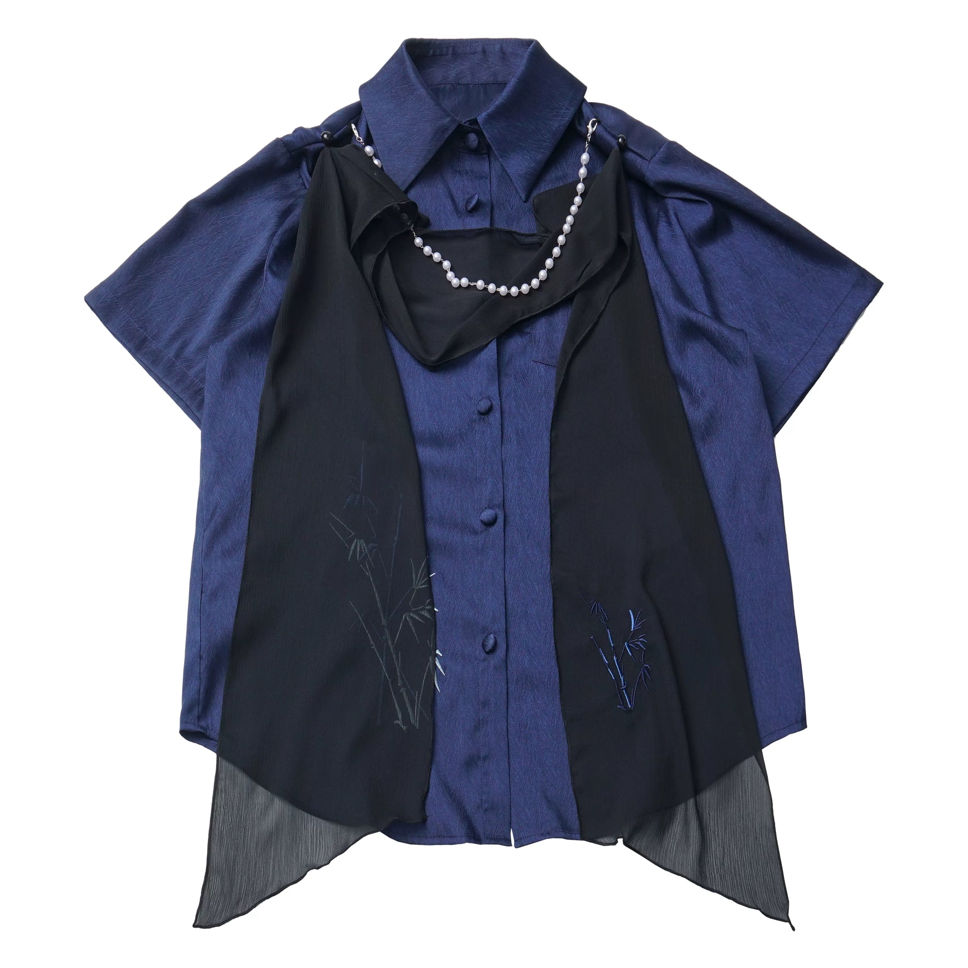 In-Stock Ready to Ship “Han Jian Bamboo Shadow” New Chinese Style Shirt Blouse Cropped Top Design—Slimming Blue-Black Colorblock