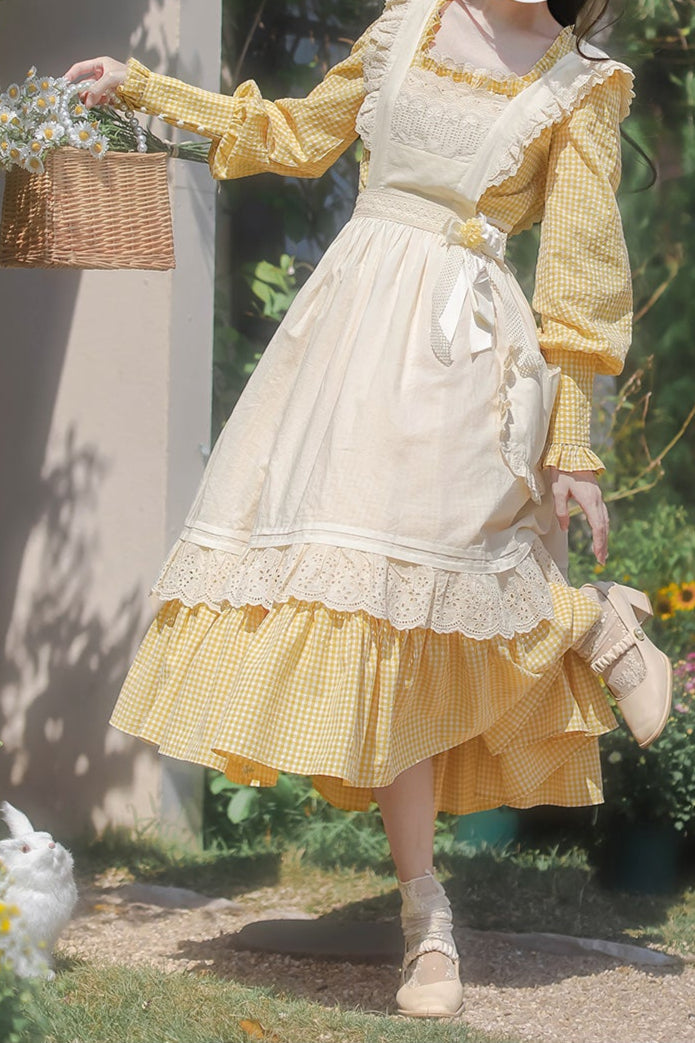 【Pre-order item】Retro Girly Yellow Dress + Apron + Ribbon