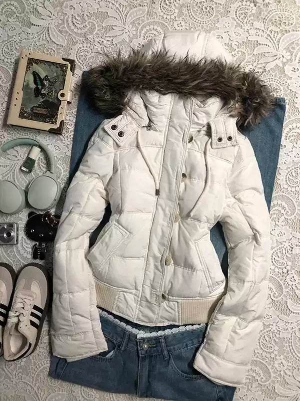 white hooded cotton-padded jacket