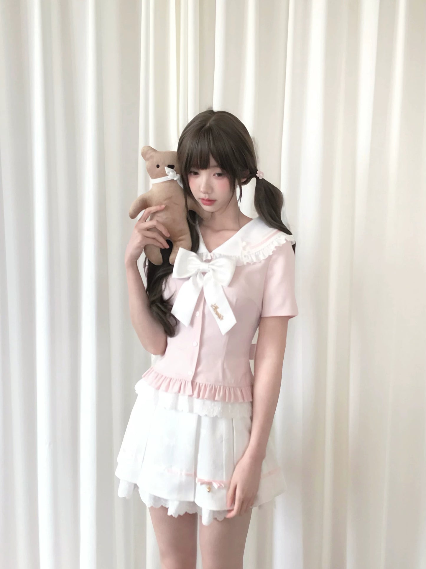 La La Sauce Sakura White Chocolate Japanese College Style Sweet Girl Short-Sleeve Shirt Fitted Top + Skirt Set