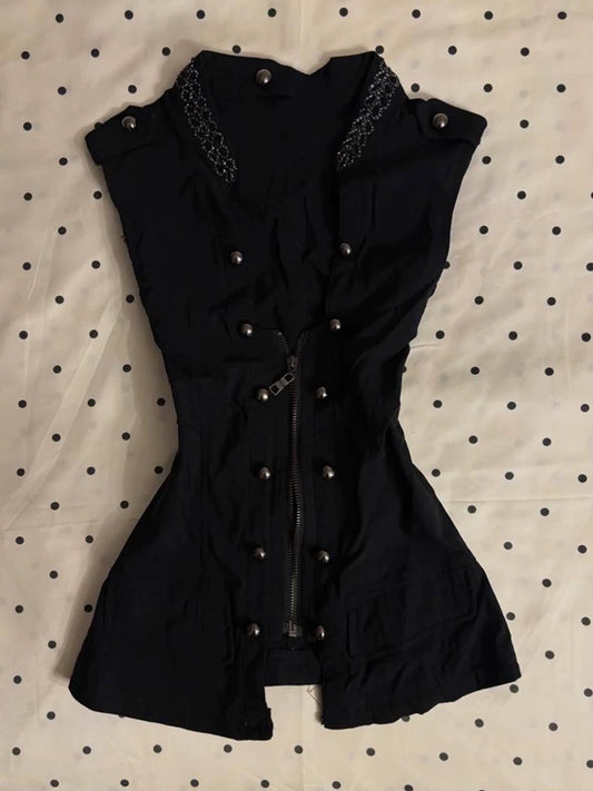 Peach & Coconut Girl Original Black Vintage Sleeveless Zip-Up Shirt for Women Summer Double-Breasted Design Statement Top