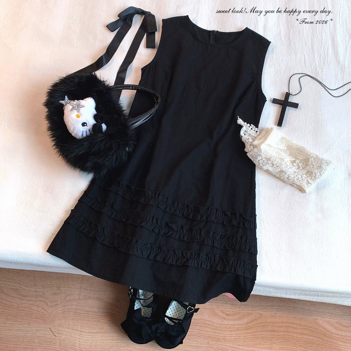 Last-Stock Sale xycdg Sweet Girl Minimal Solid Color Round-Neck Cotton Dress with Ear-Edge Lace Sleeveless