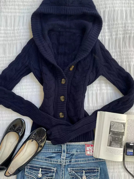 Navy blue hooded twist sweater jacket