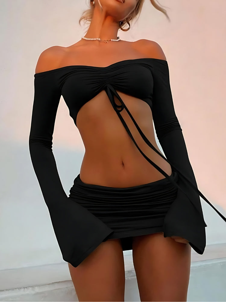 Off Shoulder Crop Top & Mini Skirt Two Piece Coord Black