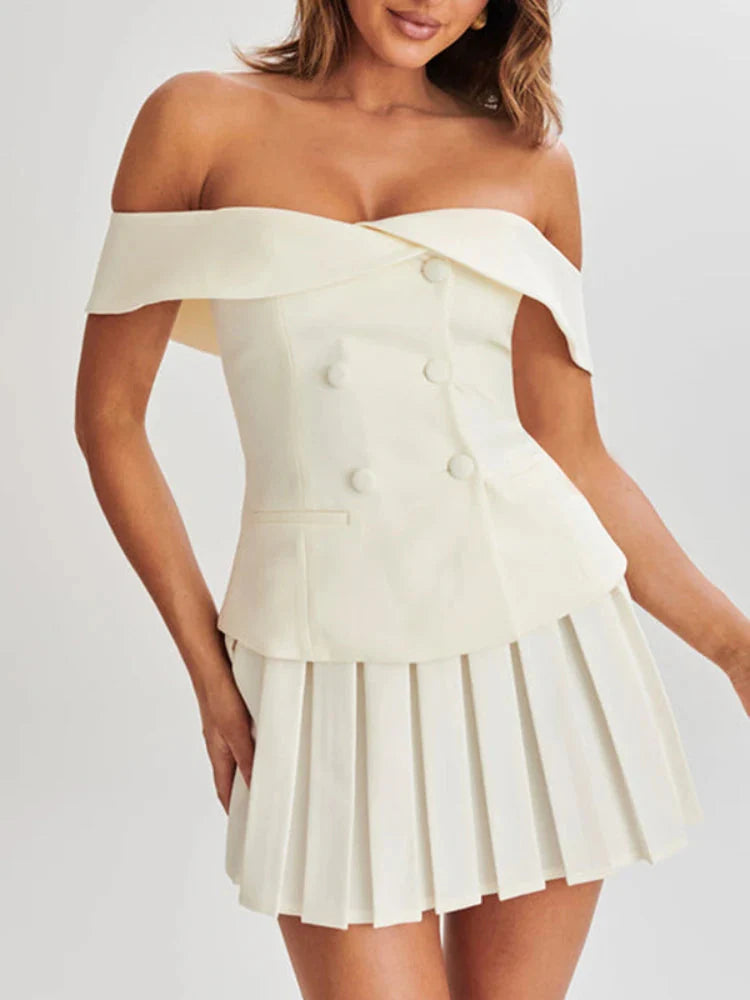 Off Shoulder Top & Pleated Mini Skirt Two Piece Coord White