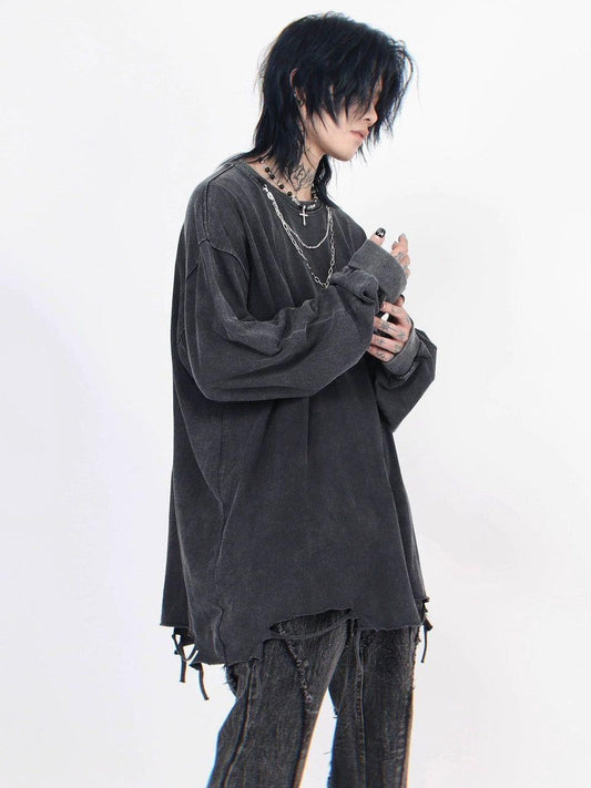 Distressed White Long-Sleeve Tee with Chain Cross Necklace