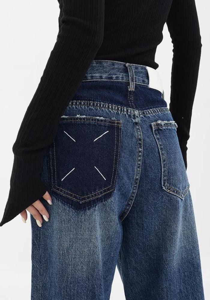 Patch Pocket Straight Leg Denim Jeans Navy