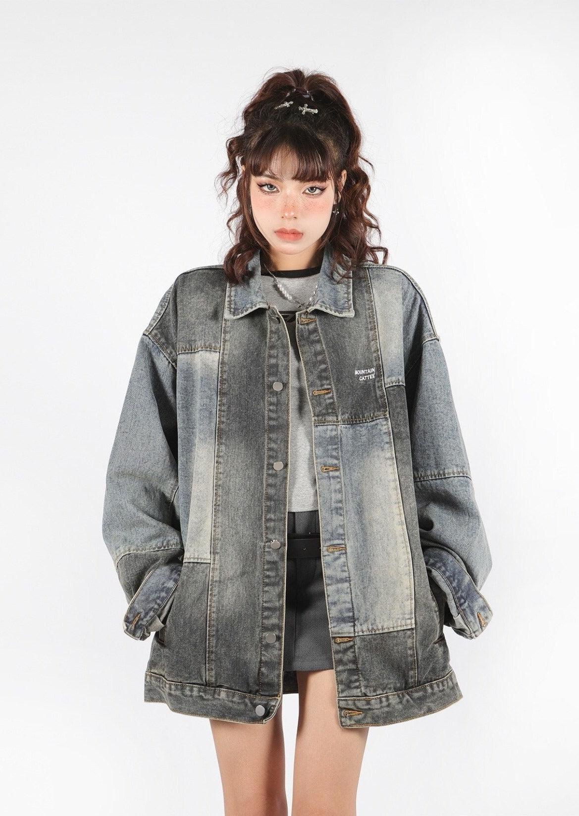 Patchwork Oversized Denim Jacket Blue