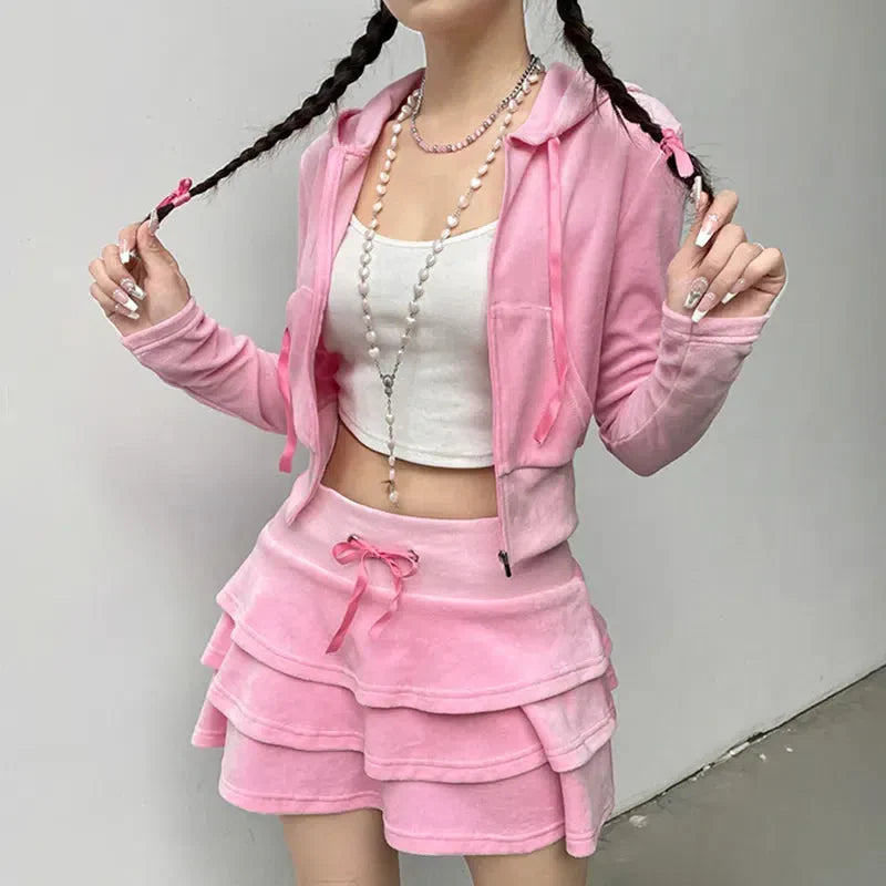 Pink Aesthetic Skirt & Hoodie Two Piece Coord Pink