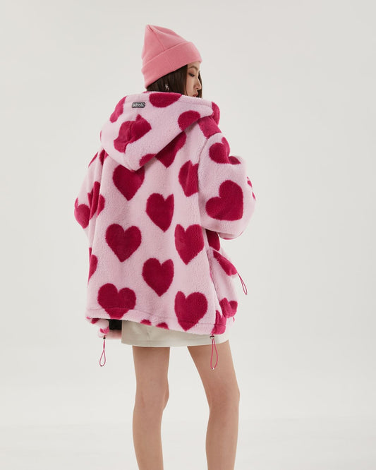 Pink Heart Pattern Hooded Jacket Pink