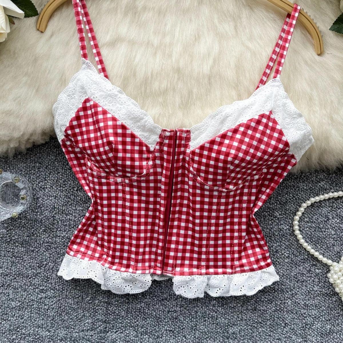 Plaid Bustier Crop Top Red