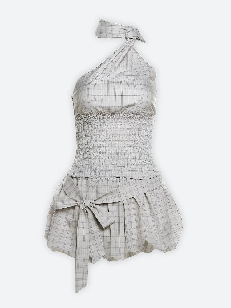 Plaid Ruched Top & Balloon Mini Skirt Two Piece Coord