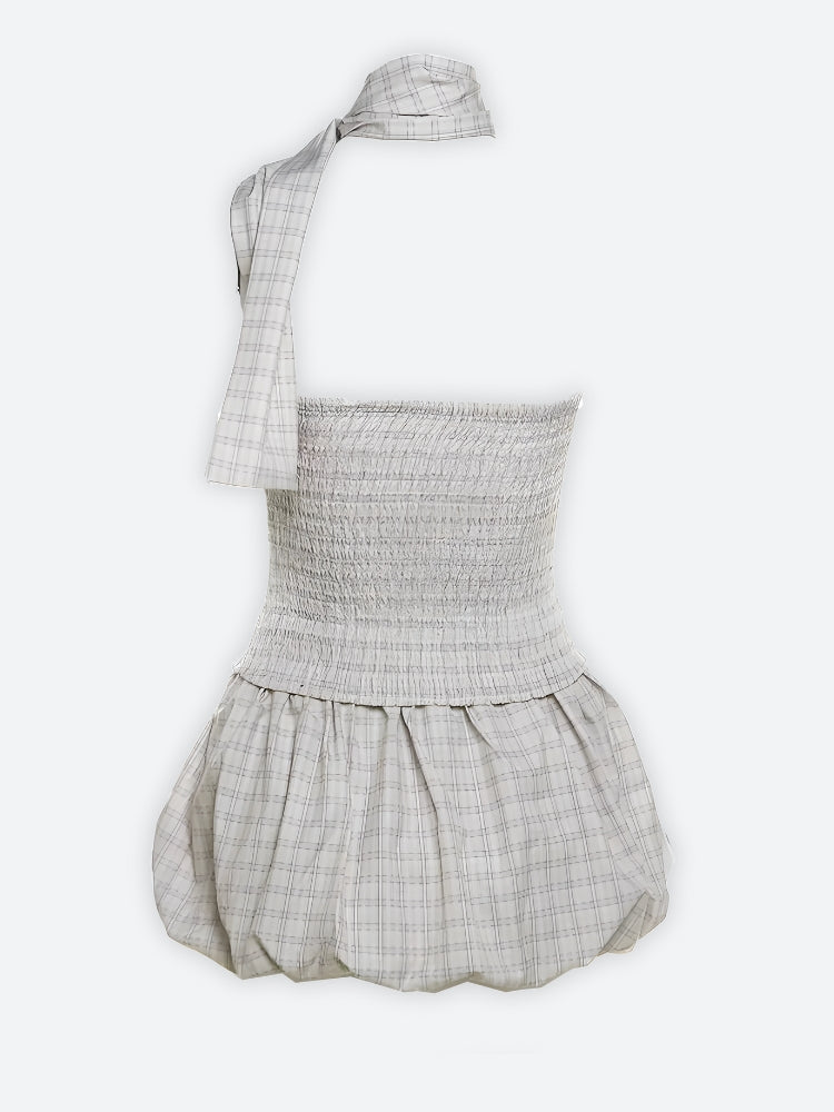 Plaid Ruched Top & Balloon Mini Skirt Two Piece Coord