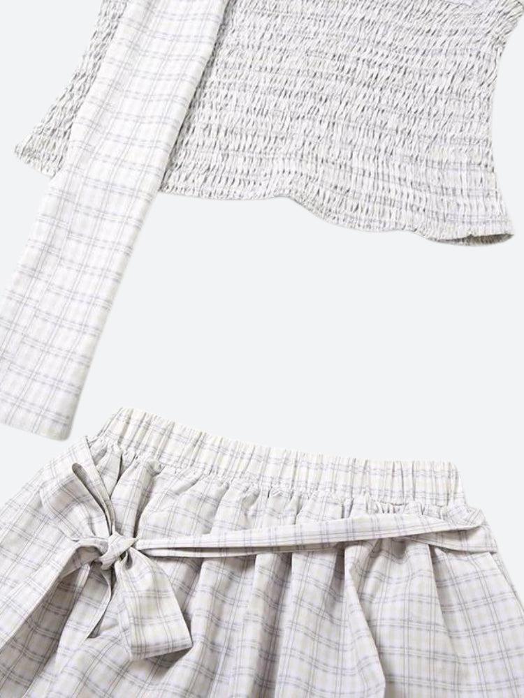 Plaid Ruched Top & Balloon Mini Skirt Two Piece Coord