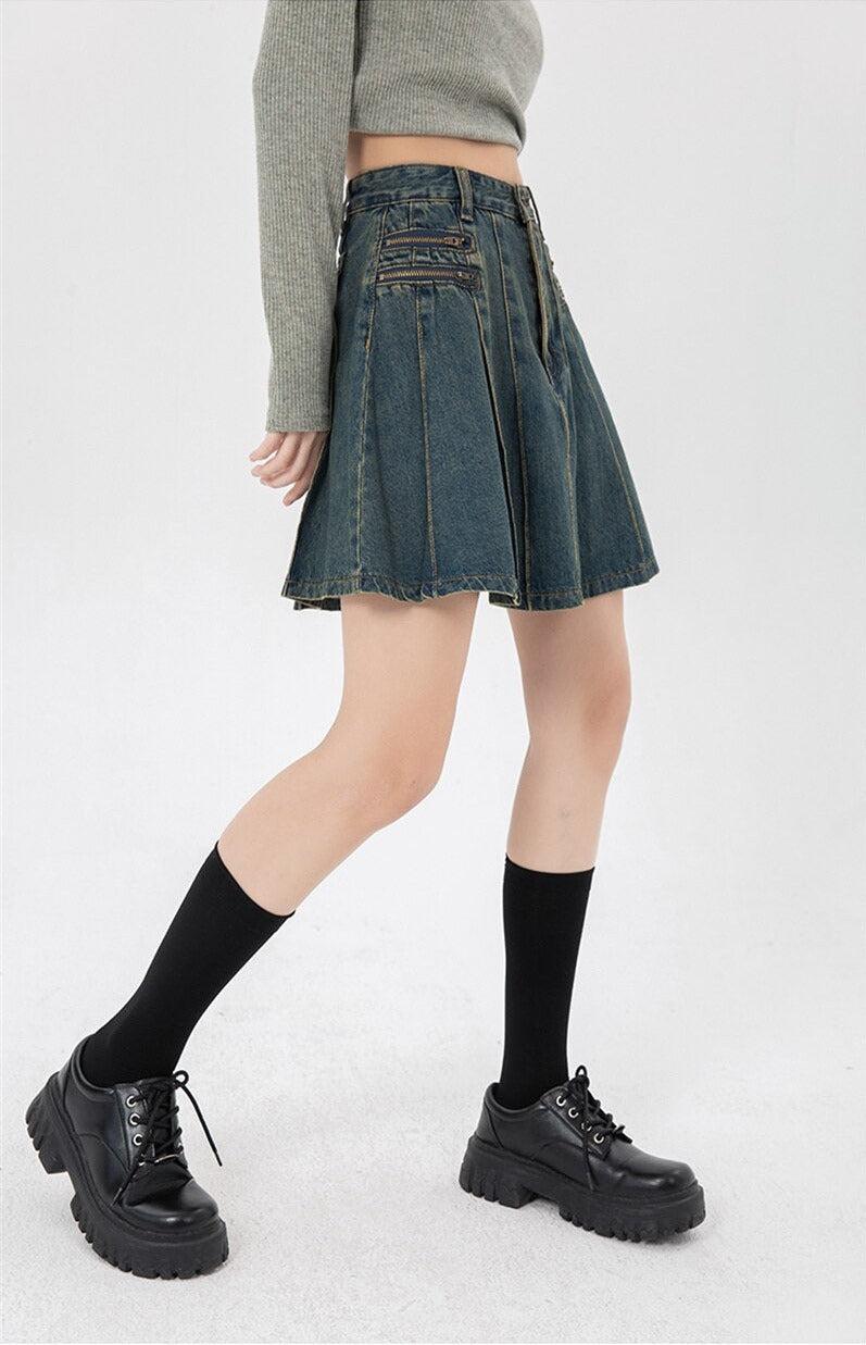 Pleated Denim Mini Skirt