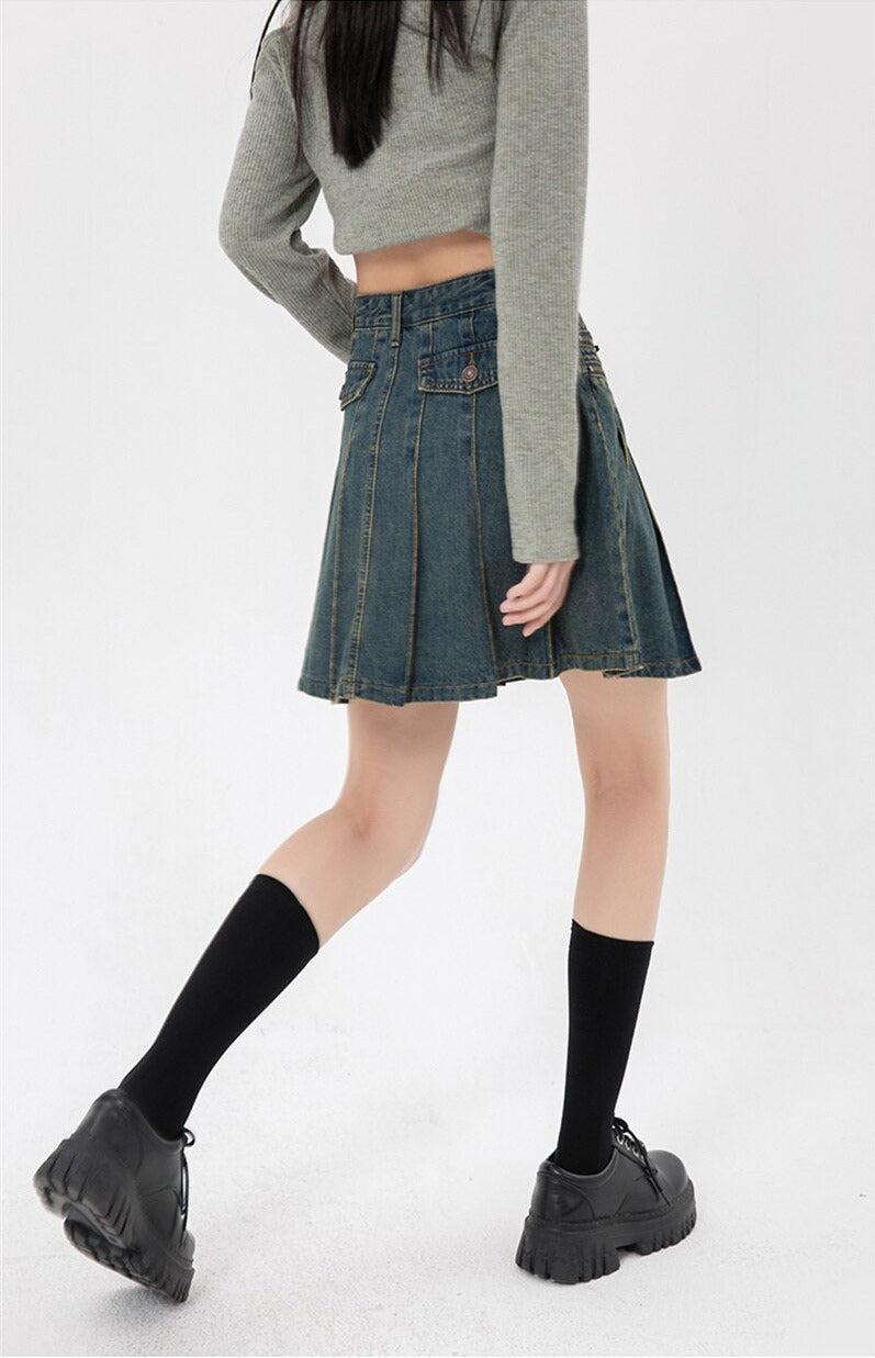 Pleated Denim Mini Skirt