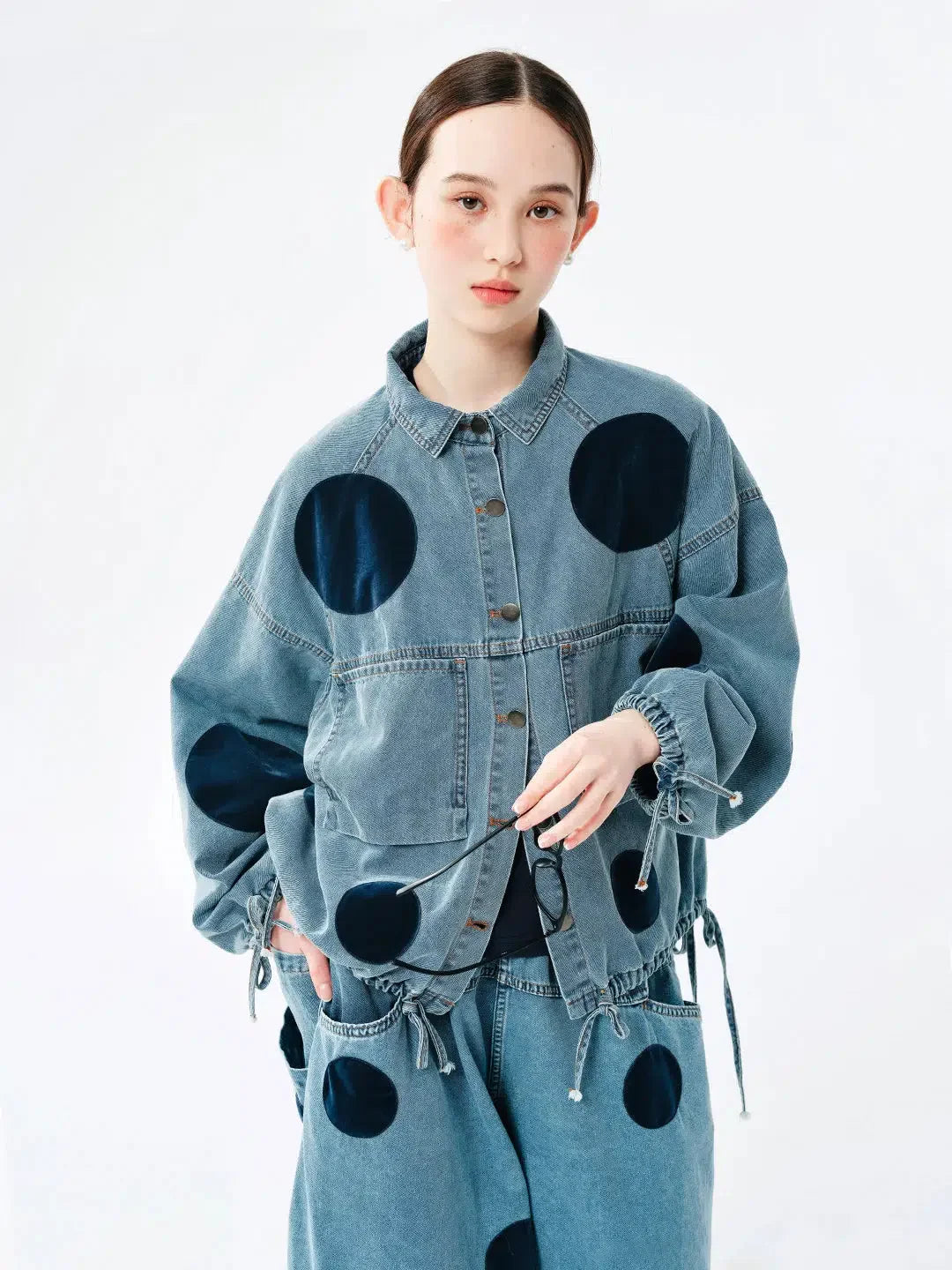 Polka Dot Button Up Denim Jacket Blue