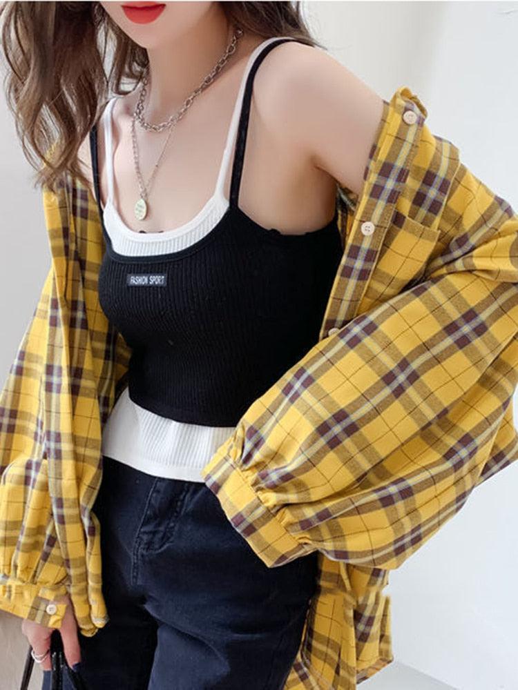 Puff Sleeve Plaid Shirt Yellow