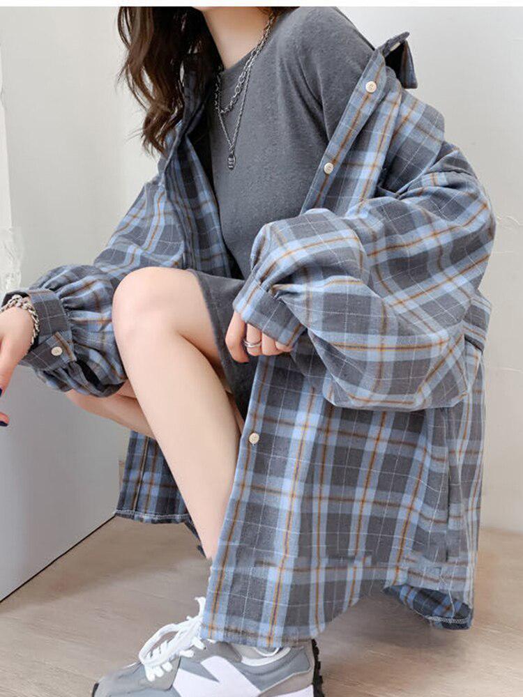 Puff Sleeve Plaid Shirt Blue