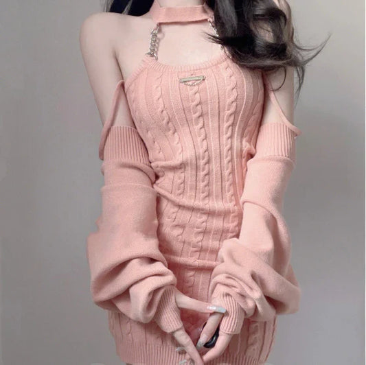 pink halterneck dress