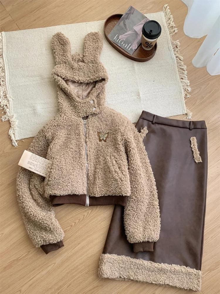 Rabbit Sherpa Jacket Teddy Two Piece Set Brown SET - Hoodie & Midi Skirt