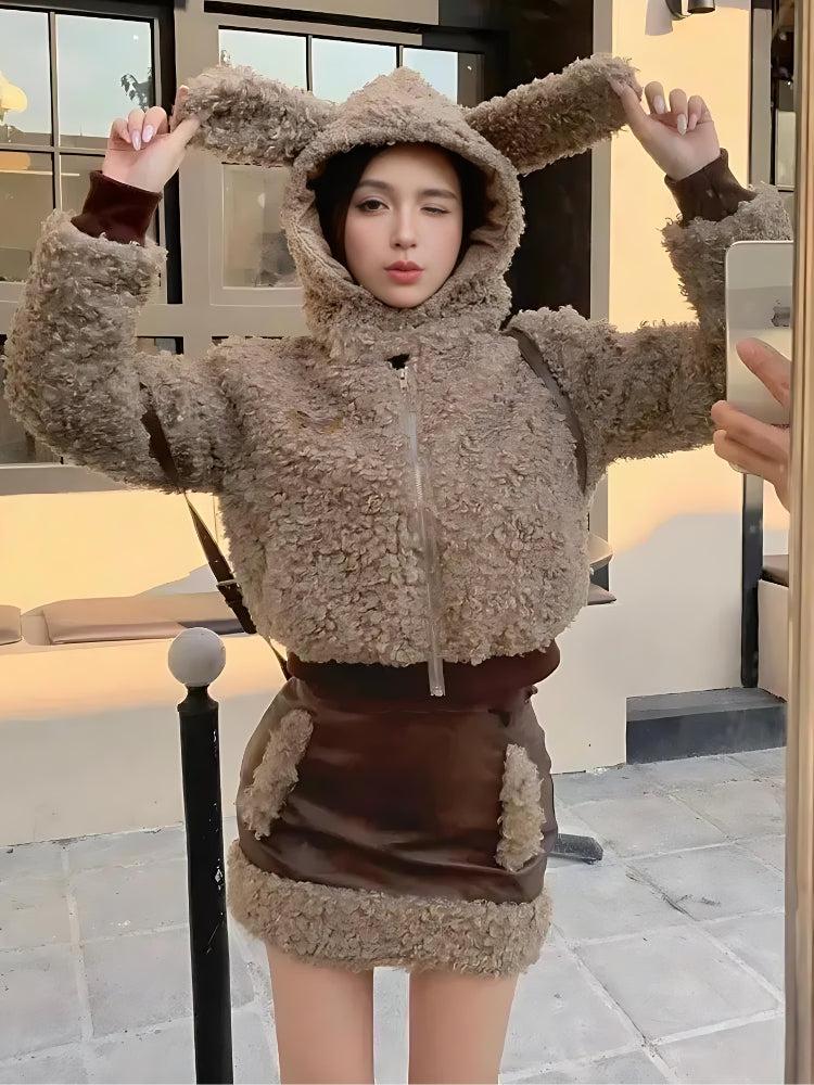 Rabbit Sherpa Jacket Teddy Two Piece Set