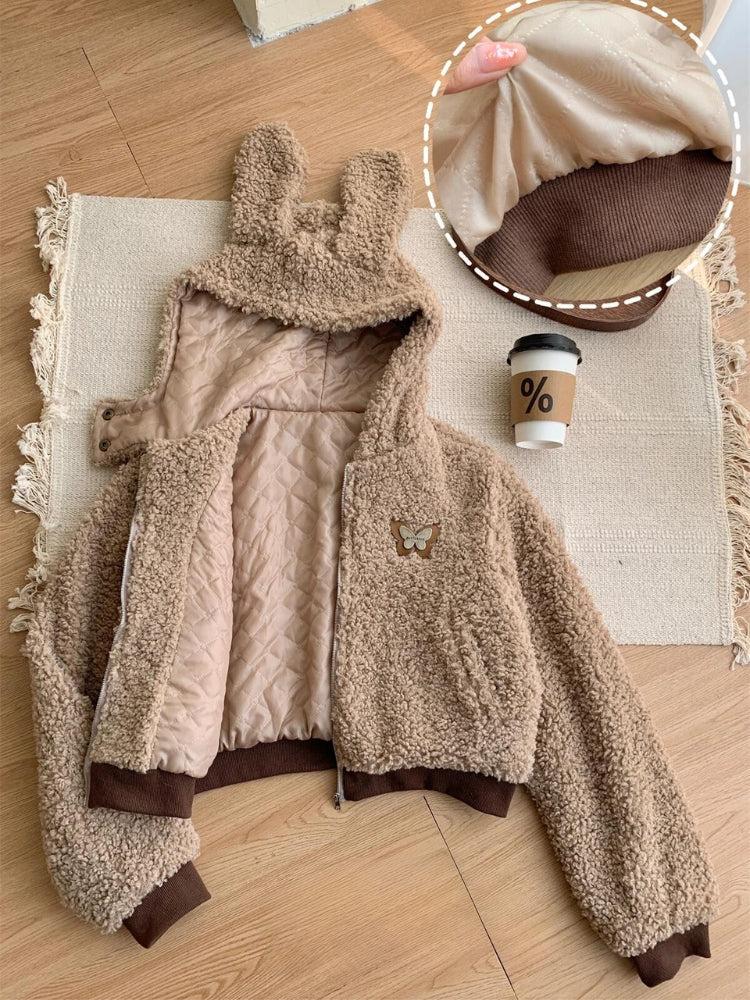 Rabbit Sherpa Jacket Teddy Two Piece Set Brown Hoodie