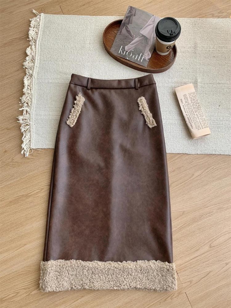 Rabbit Sherpa Jacket Teddy Two Piece Set Brown Midi Skirt