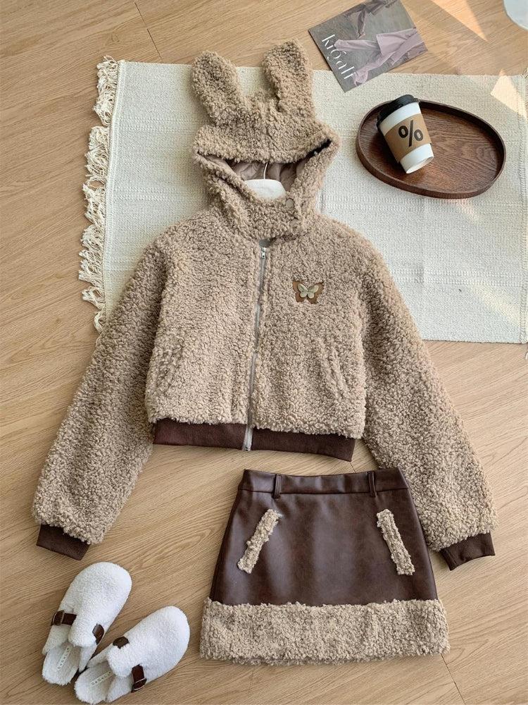 Rabbit Sherpa Jacket Teddy Two Piece Set Brown SET - Hoodie & Mini Skirt