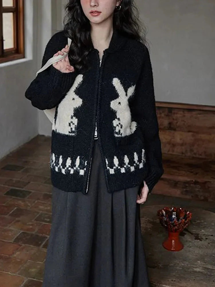 Rabbit Knitted Zip Black Cardigan