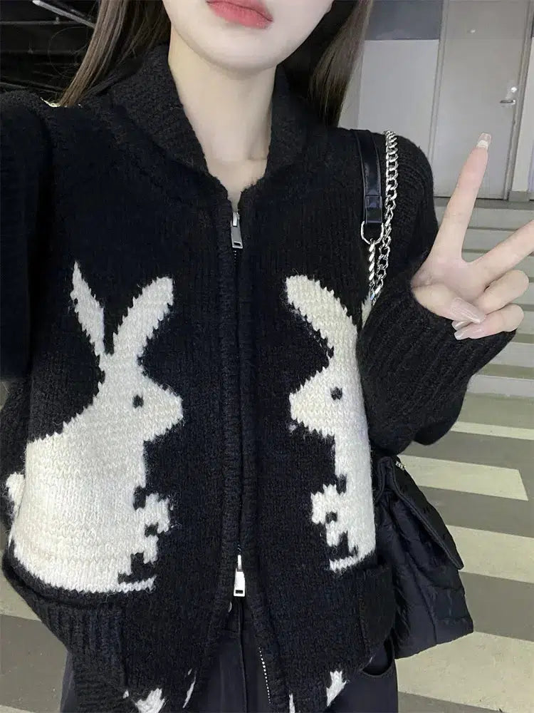 Rabbit Knitted Zip Black Cardigan