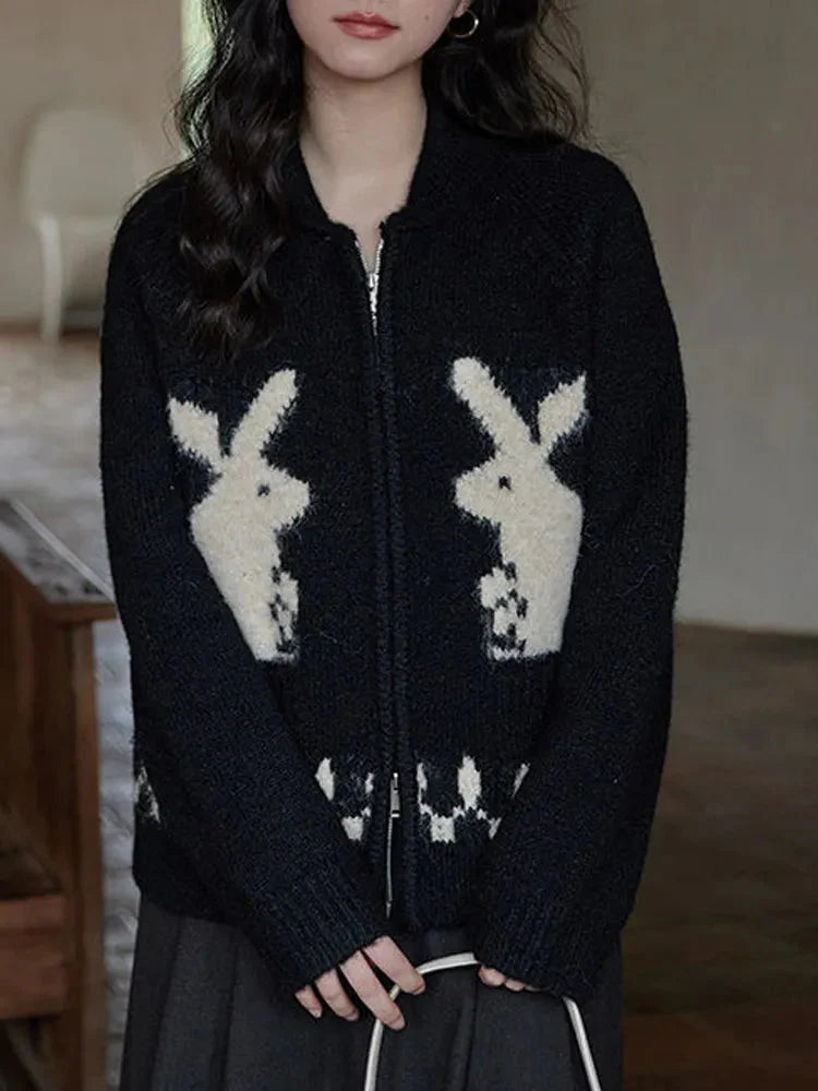 Rabbit Knitted Zip Black Cardigan Black