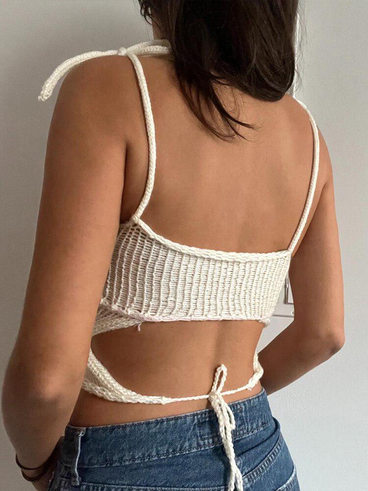 Rose Detailed Knitted White Crop Top