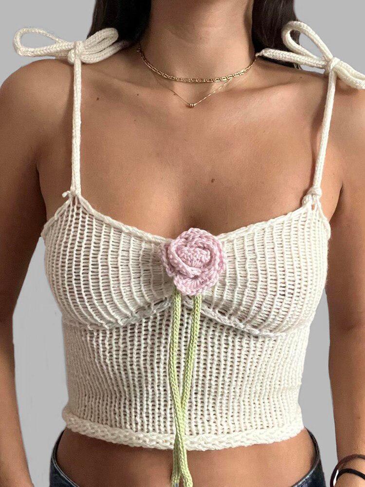 Rose Detailed Knitted White Crop Top