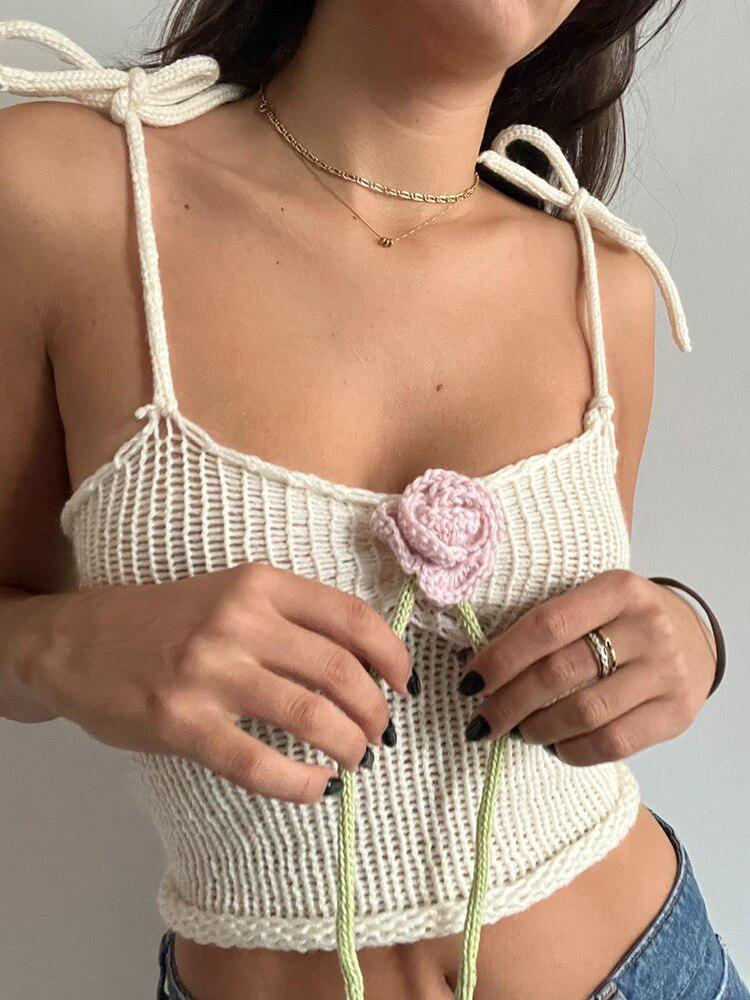 Rose Detailed Knitted White Crop Top White