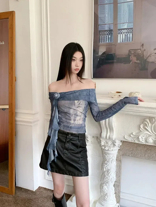Rose Ruffled Off Shoulder Top Blue